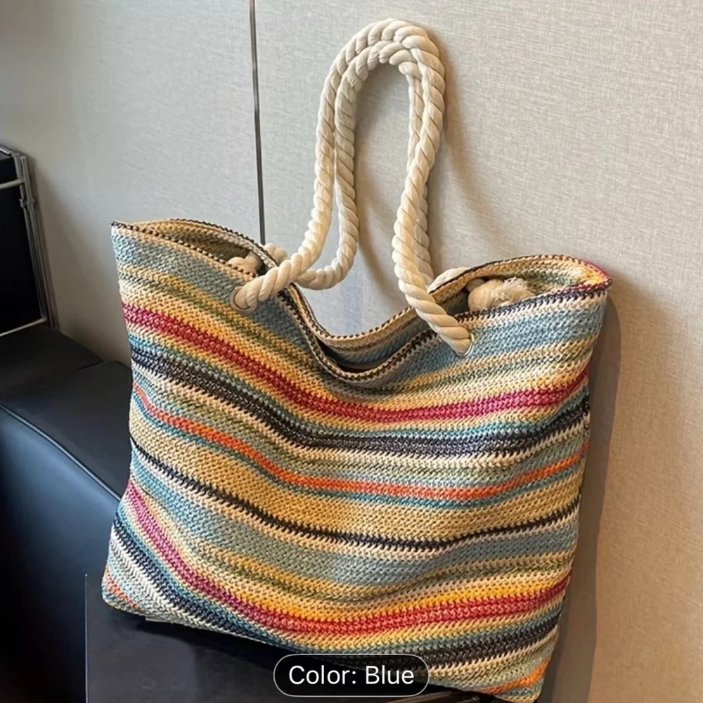 Striped Multicolor Rope-Handle Tote Bag - Blue and Cream